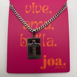 COLLAR MEDALLÓN PLACA CRUZ BRILLANTE PLATA